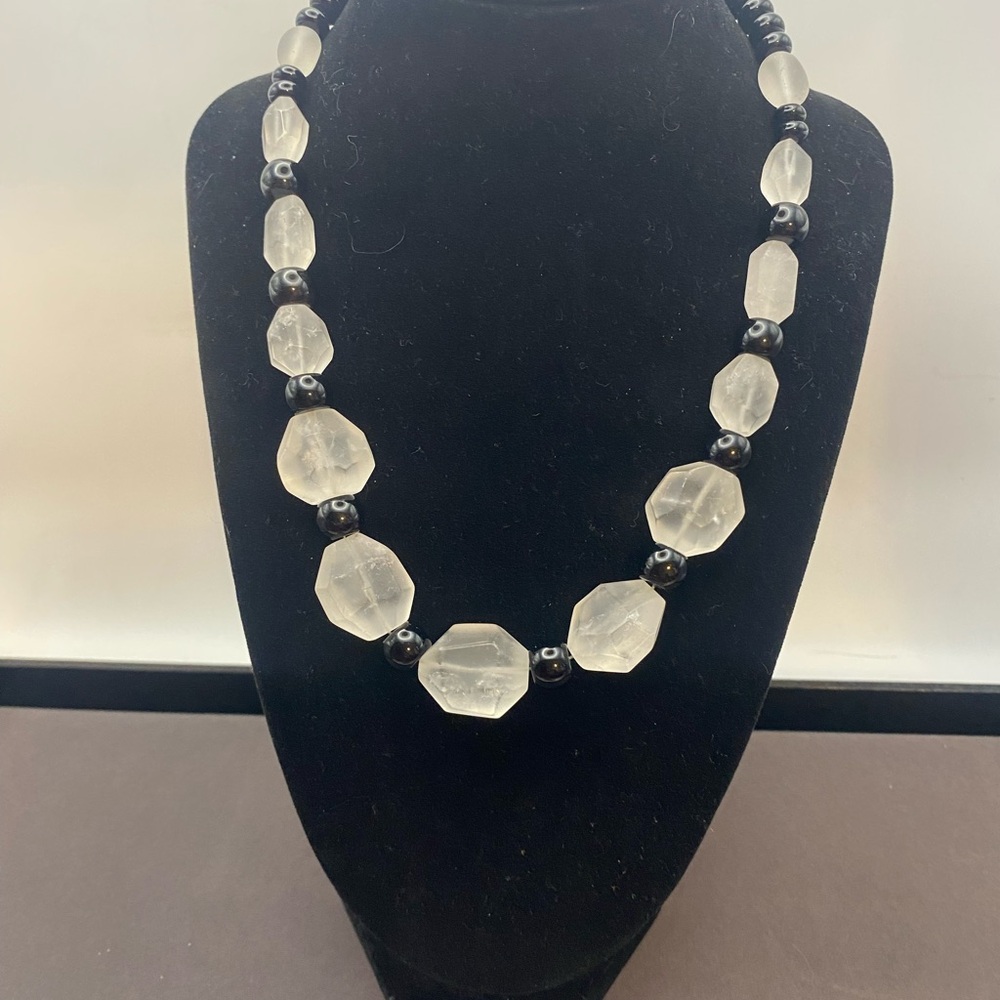 Sterling Silver, Quartz and Onyx Clear & Black Bead Statement Necklace